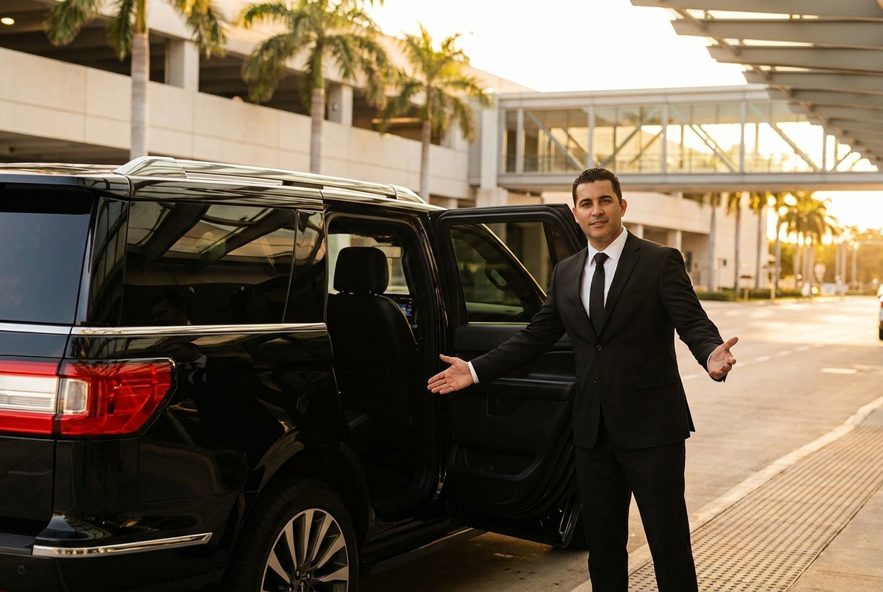 MIUUM chauffeur holding the rear door of a black luxury sedan